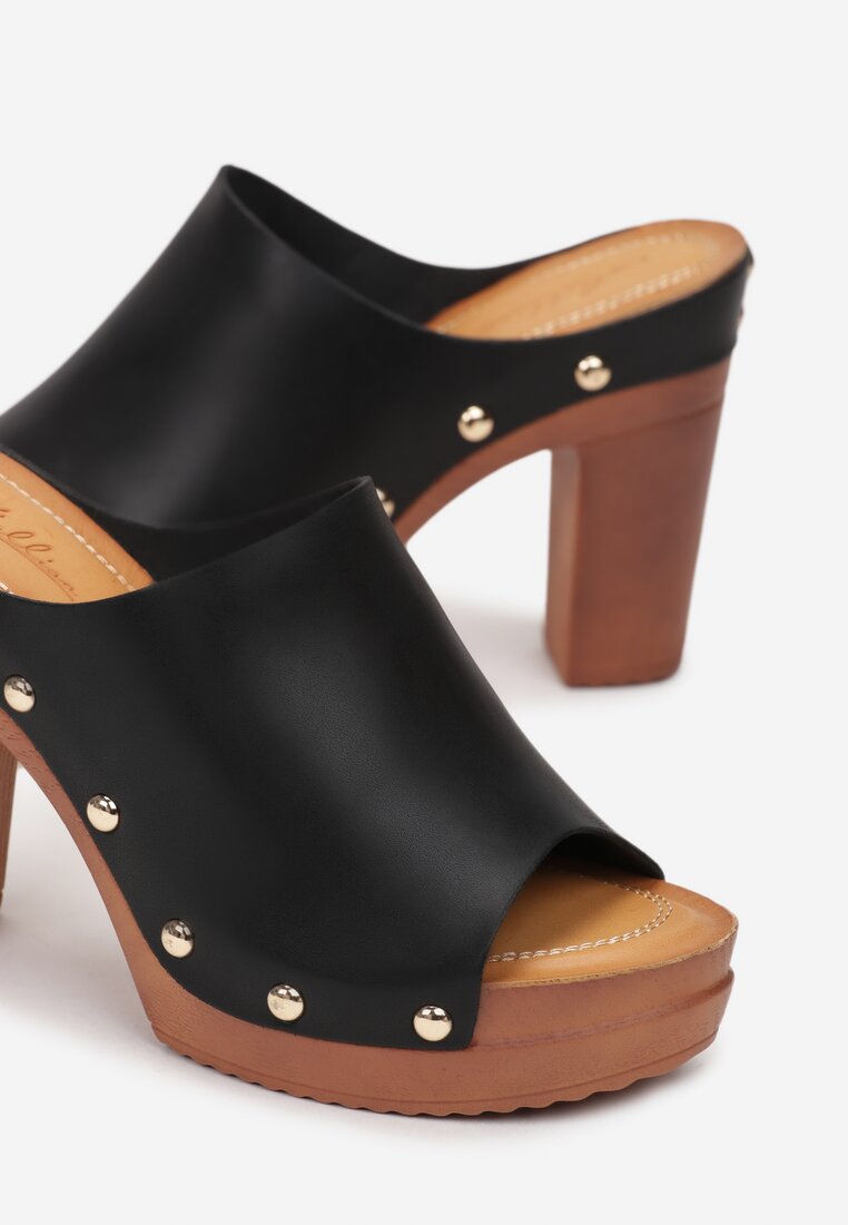 Czarne Klapki Drewniaki na Słupowym Obcasie i Platformie z Nitami Kathlyn