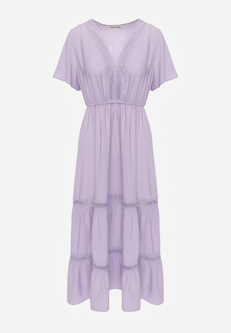 Fioletowa Rozkloszowana Sukienka Maxi z Gumką w Talii i Koronkowym Dekoltem Cheteia