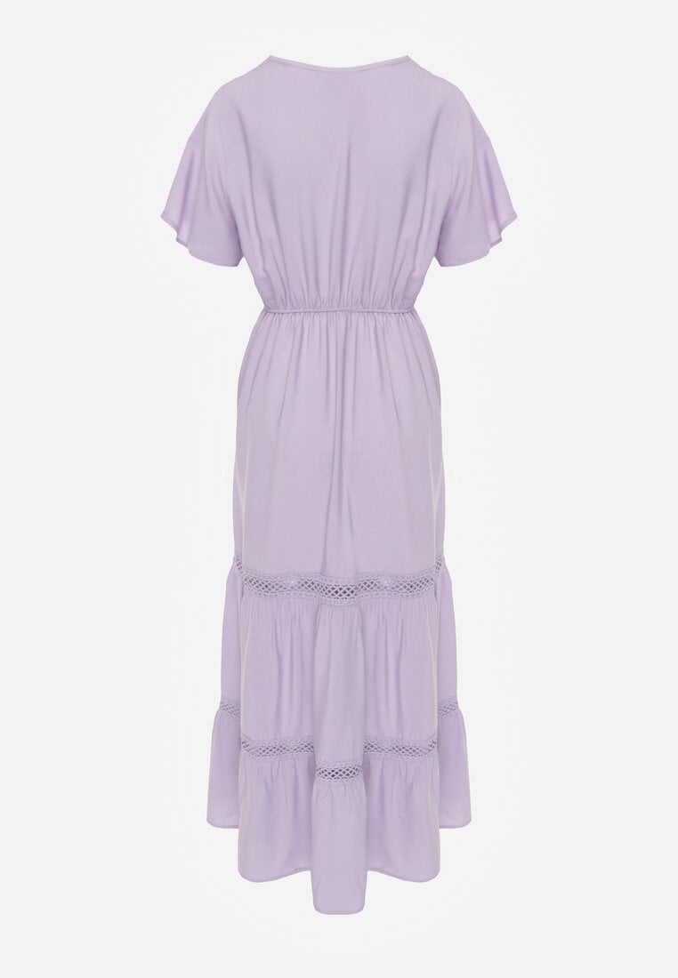 Fioletowa Rozkloszowana Sukienka Maxi z Gumką w Talii i Koronkowym Dekoltem Cheteia