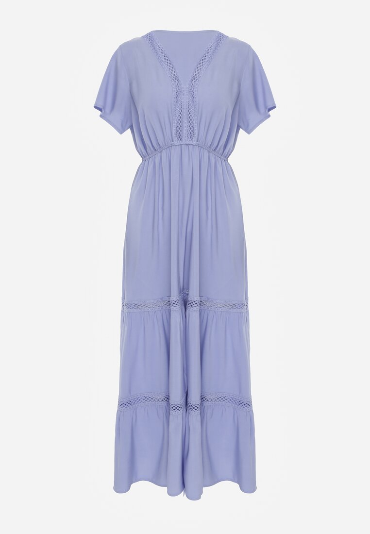 Jasnoniebieska Rozkloszowana Sukienka Maxi z Gumką w Talii i Koronkowym Dekoltem Cheteia