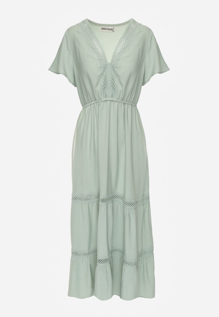 Miętowa Rozkloszowana Sukienka Maxi z Gumką w Talii i Koronkowym Dekoltem Cheteia