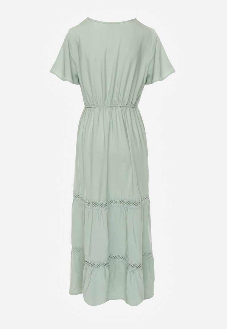 Miętowa Rozkloszowana Sukienka Maxi z Gumką w Talii i Koronkowym Dekoltem Cheteia