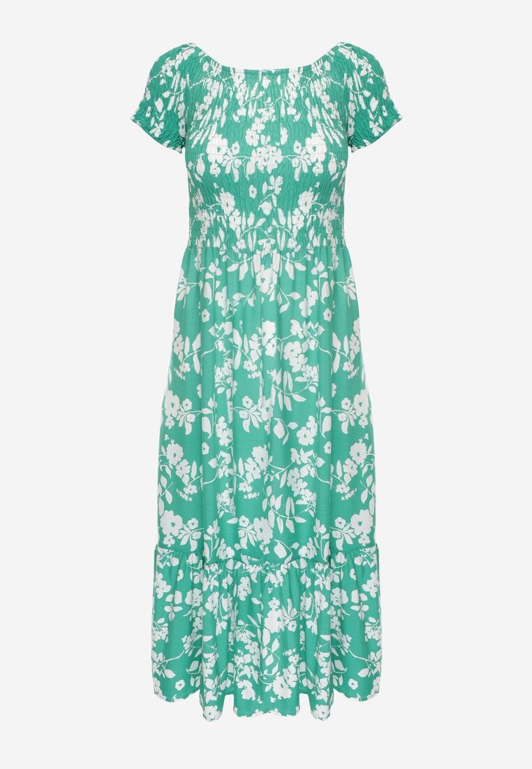 Zielona Rozkloszowana Sukienka Maxi z Hiszpańskim Dekoltem w Kwiaty Zevana