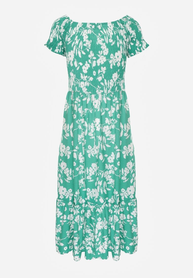 Zielona Rozkloszowana Sukienka Maxi z Hiszpańskim Dekoltem w Kwiaty Zevana