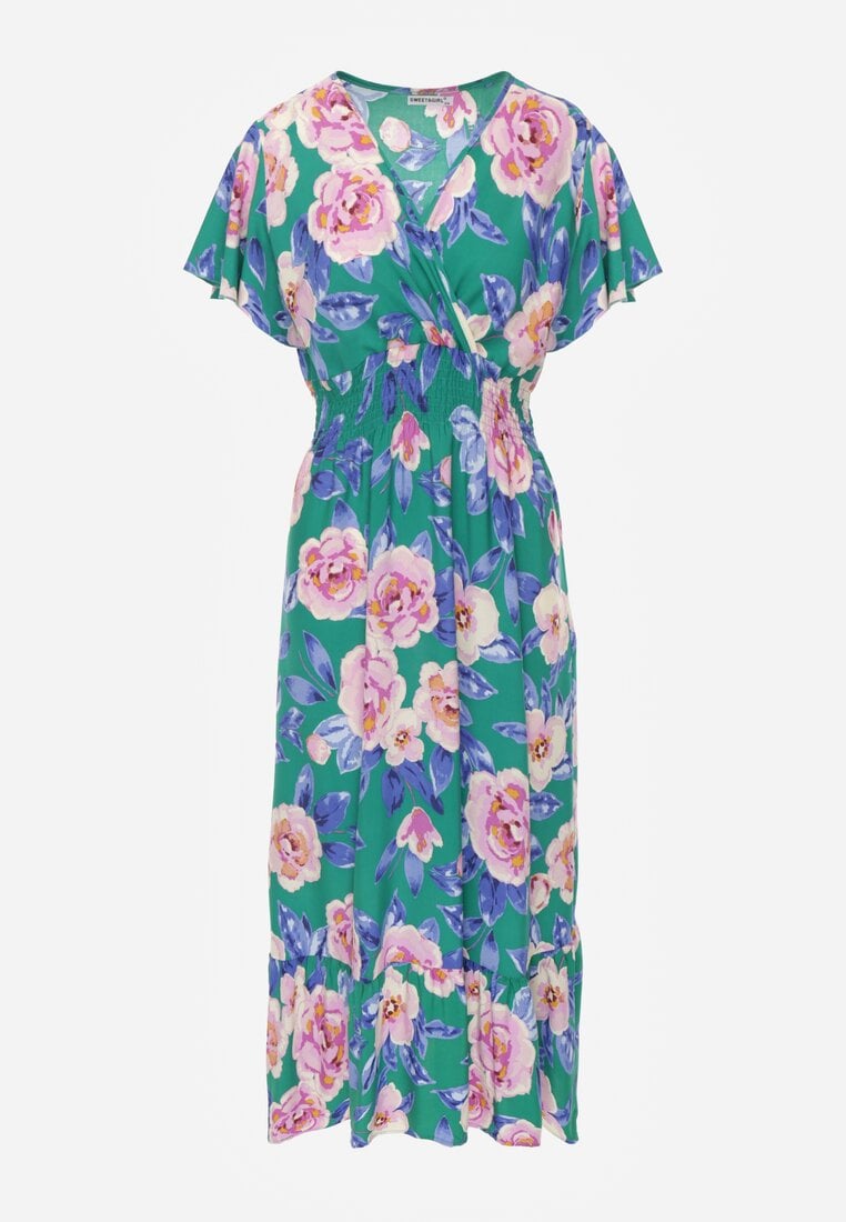 Zielona Rozkloszowana Sukienka Maxi z Gumkami w Talii i Falbankami Tayte