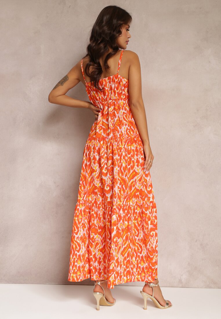 Pomarańczowa Sukienka Maxi na Regulowanych Ramiączkach z Abstrakcyjnym Wzorem Jerela