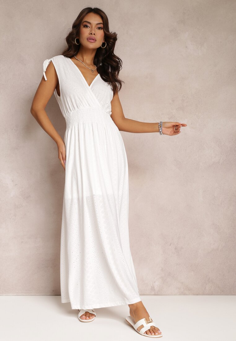 Biała Sukienka Rozkloszowana z Kopertowym Dekoltem Elices