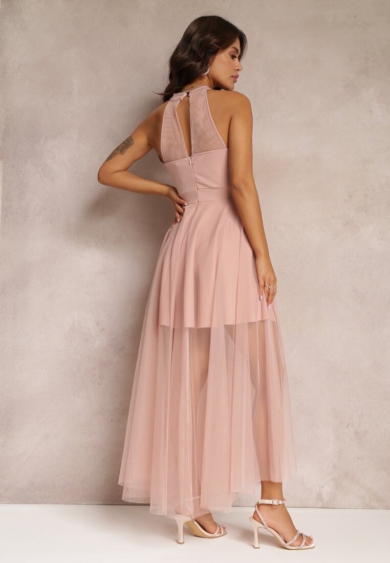 Różowa Sukienka Maxi z Tiulowego Materiału z Rozkloszowanym Dołem i Usztywnionymi Miseczkami Jarissa
