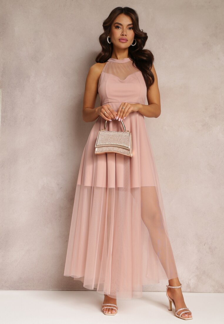 Różowa Sukienka Maxi z Tiulowego Materiału z Rozkloszowanym Dołem i Usztywnionymi Miseczkami Jarissa