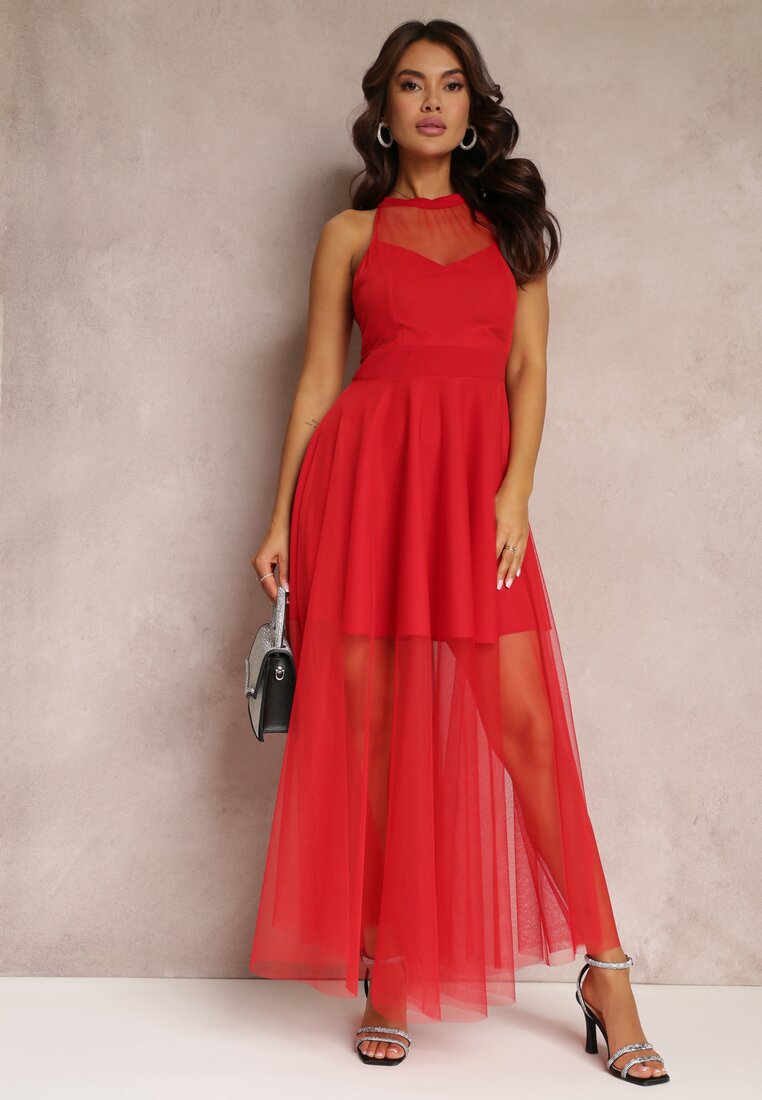 Czerwona Sukienka Maxi z Tiulowego Materiału z Rozkloszowanym Dołem i Usztywnionymi Miseczkami Jarissa