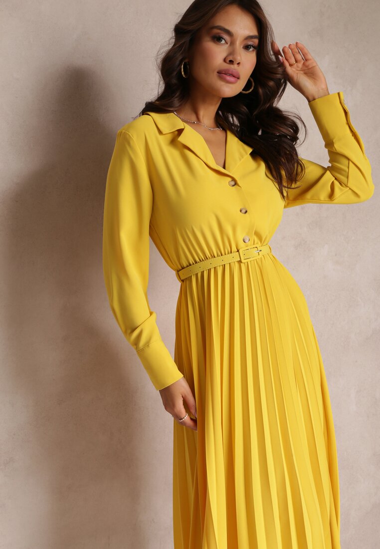 Żółta Koszulowa Sukienka z Paskiem i Plisowanym Dołem  Walisa