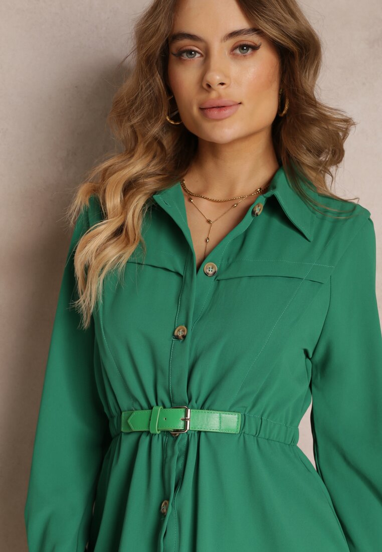 Zielona Koszulowa Sukienka z Gumką w Talii i Paskiem z Klamerką Jenele