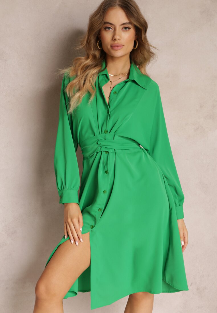 Zielona Koszulowa Sukienka Trapezowa z Wiązanym Paskiem Kohana