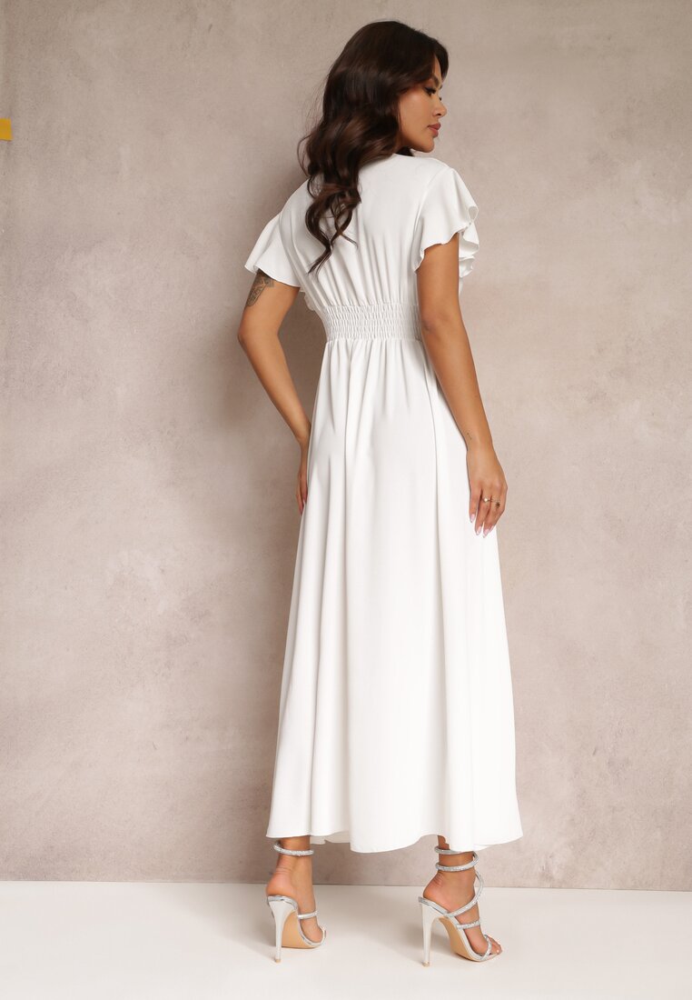 Biała Sukienka Rozkloszowana z Rozcięciem i Kopertowym Dekoltem Jozlyn