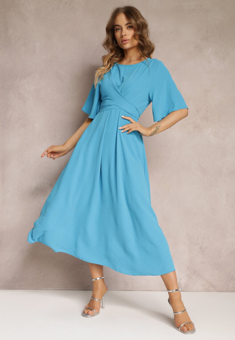Niebieska Rozkloszowana Sukienka Maxi z Szerokim Rękawem i Gumką w Pasie Sador