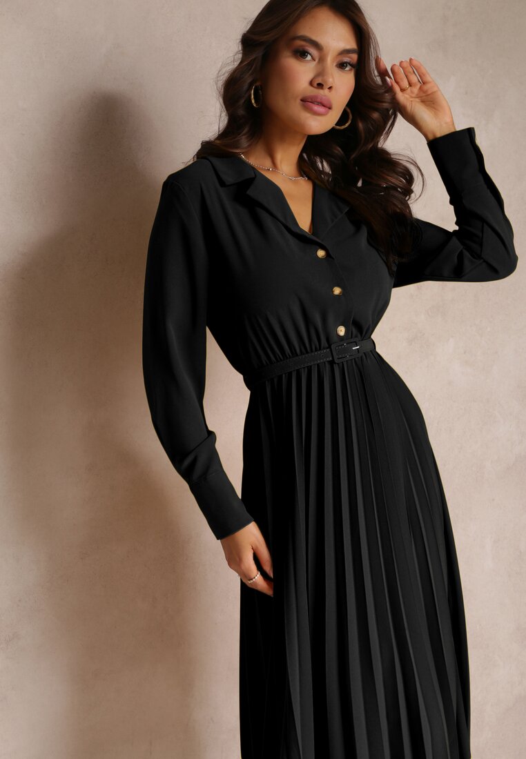 Rochie Cămașă Neagră cu Curea și Pliuri Walisa