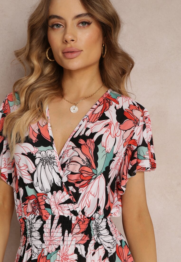 Rochie Neagră-Roșie Cloș Midi cu Imprimeu Floral și Elastic în Talie Athesine