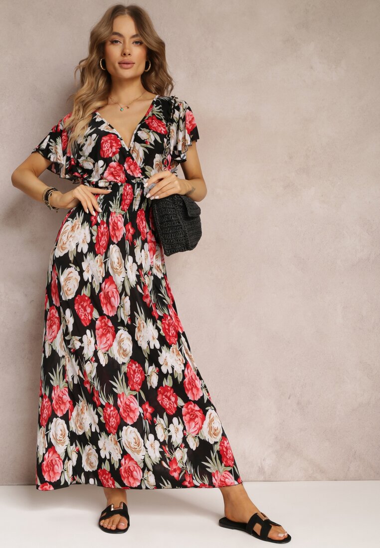 Czarno-Czerwona Kopertowa Sukienka Maxi w Kwiaty z Gumką w Talii Jazzly