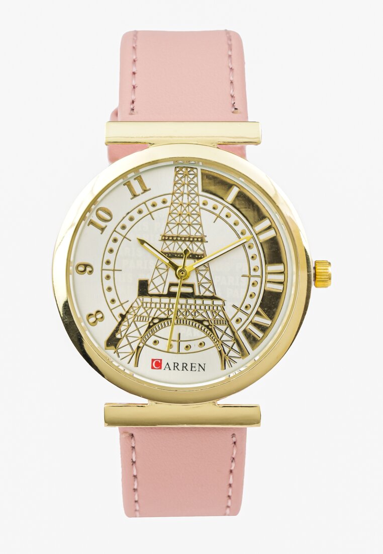 Różowy Zegarek z Okrągłą Wskazówkową Tarczą z Wieżą Eiffla Lexise