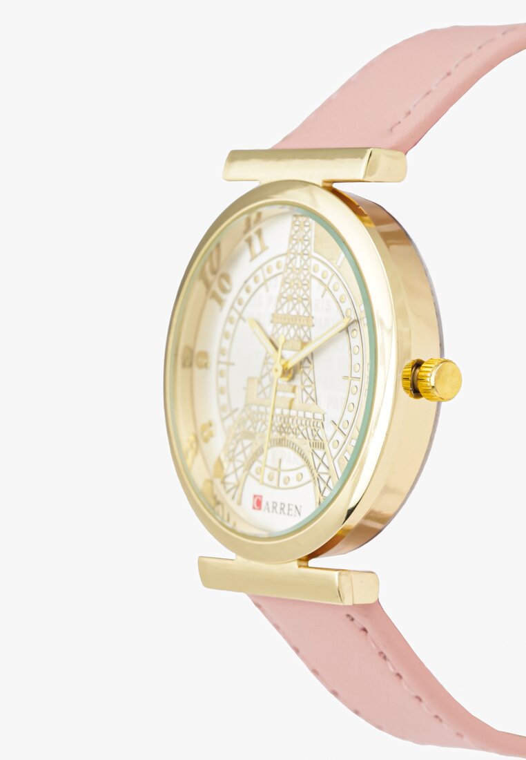 Różowy Zegarek z Okrągłą Wskazówkową Tarczą z Wieżą Eiffla Lexise