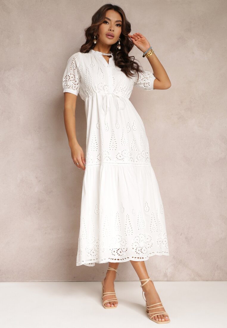 Biała Haftowana Sukienka Bawełniana ze Ściągaczem w Talii Ineryna