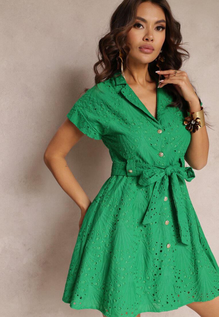 Zielona Haftowana Sukienka Koszulowa z Paskiem Phenanea