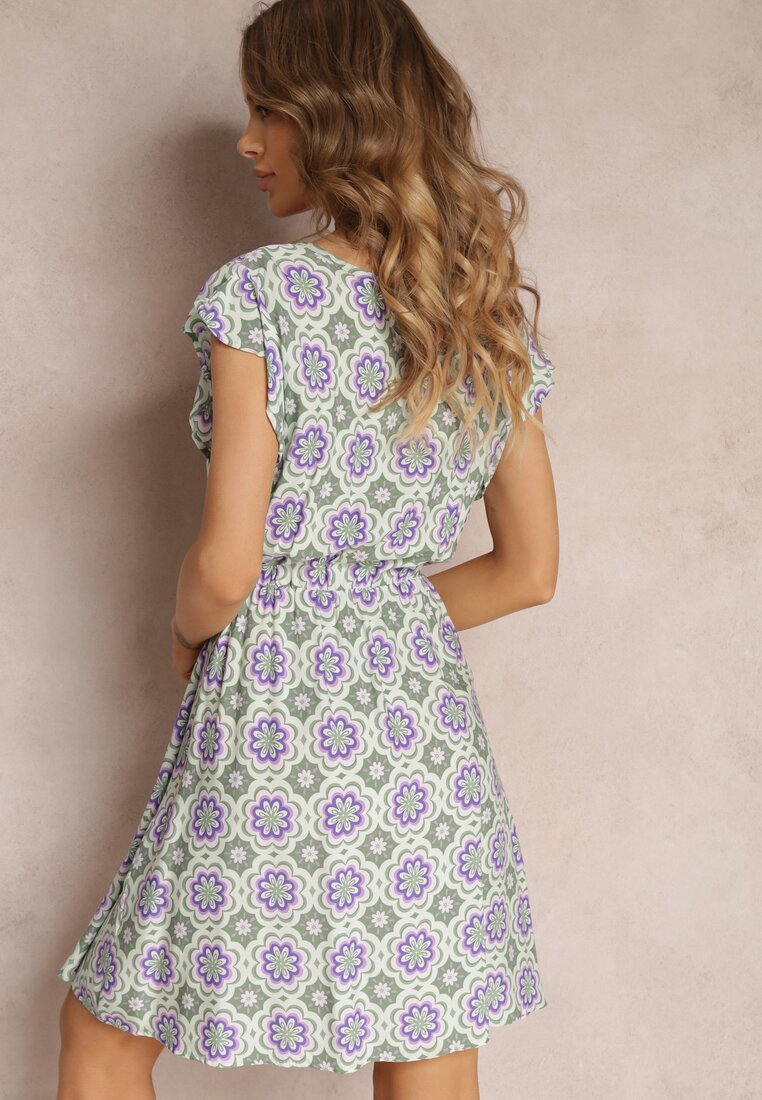 Rochie mini din bumbac verde-violet cu model mozaic și elastic în talie Fiyona