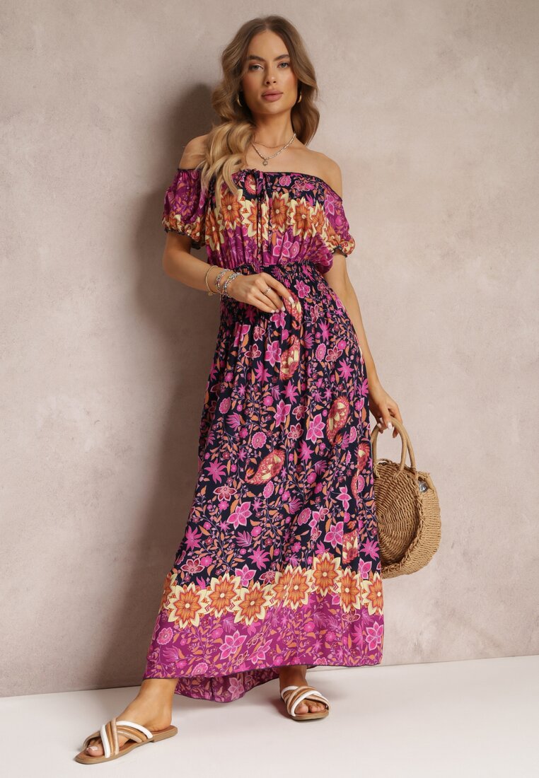 Fioletowo-Granatowa Rozkloszowana Sukienka Midi Hiszpanka z Gumką w Talii z Bawełny w Kwiaty Bienne