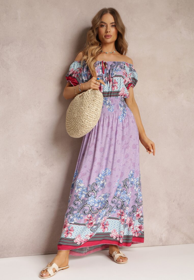 Fioletowa Bawełniana Sukienka z Gumkami w Pasie i Hiszpańskim Dekoltem Laenianna