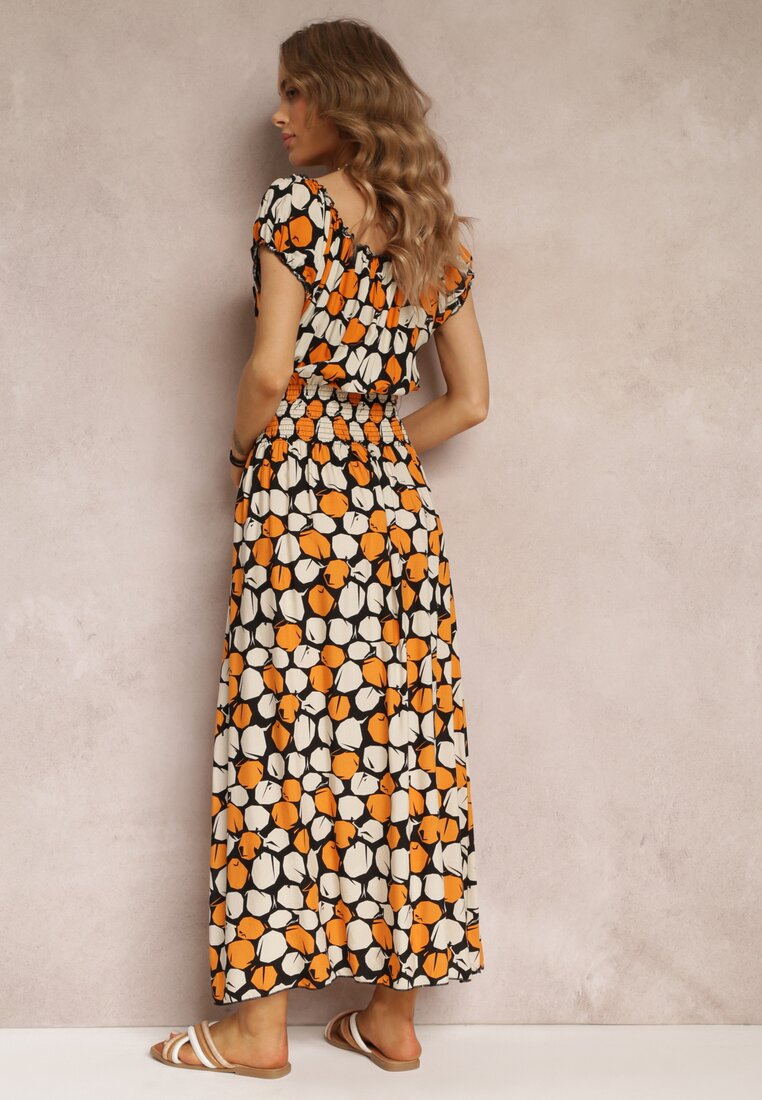 Pomarańczowa Bawełniana Sukienka Maxi z Gumką w Talii i Wiązaniem przy Dekolcie Vellera