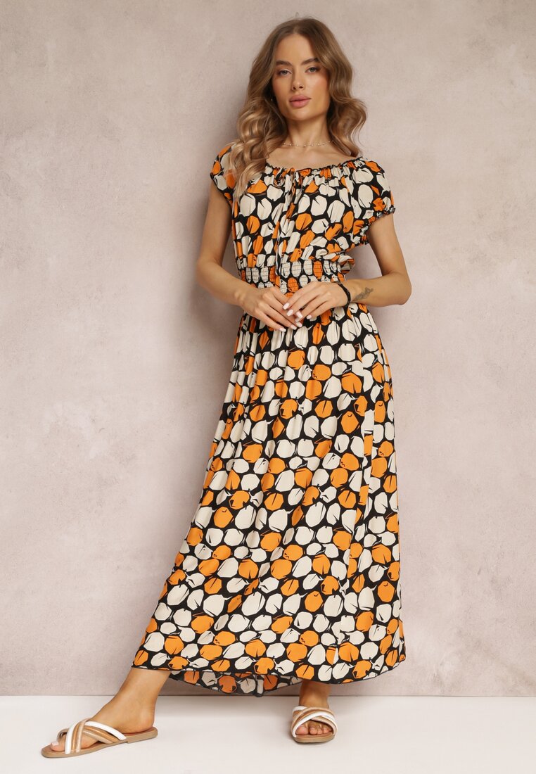 Pomarańczowa Bawełniana Sukienka Maxi z Gumką w Talii i Wiązaniem przy Dekolcie Vellera