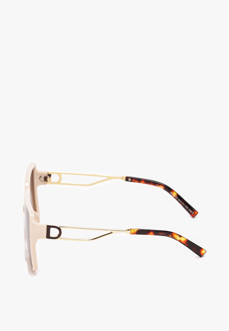 Jasnobeżowe Kwadratowe Okulary Przeciwsłoneczne z Ozdobnymi Zausznikami Meraria