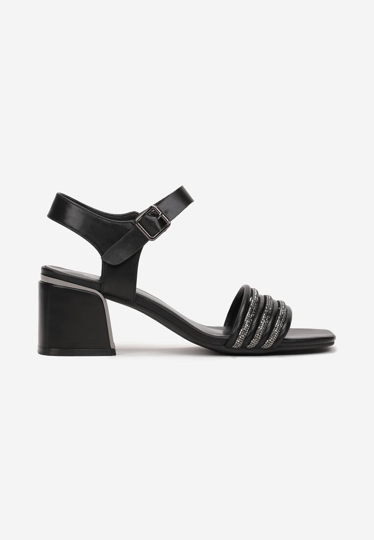 Sandale Negre cu Toc Decorativ cu Barete cu Pietre Strass și Cataramă Kalene