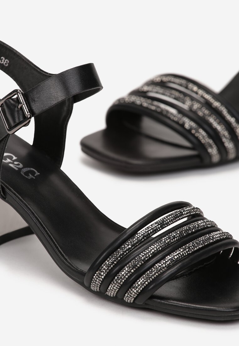 Sandale Negre cu Toc Decorativ cu Barete cu Pietre Strass și Cataramă Kalene