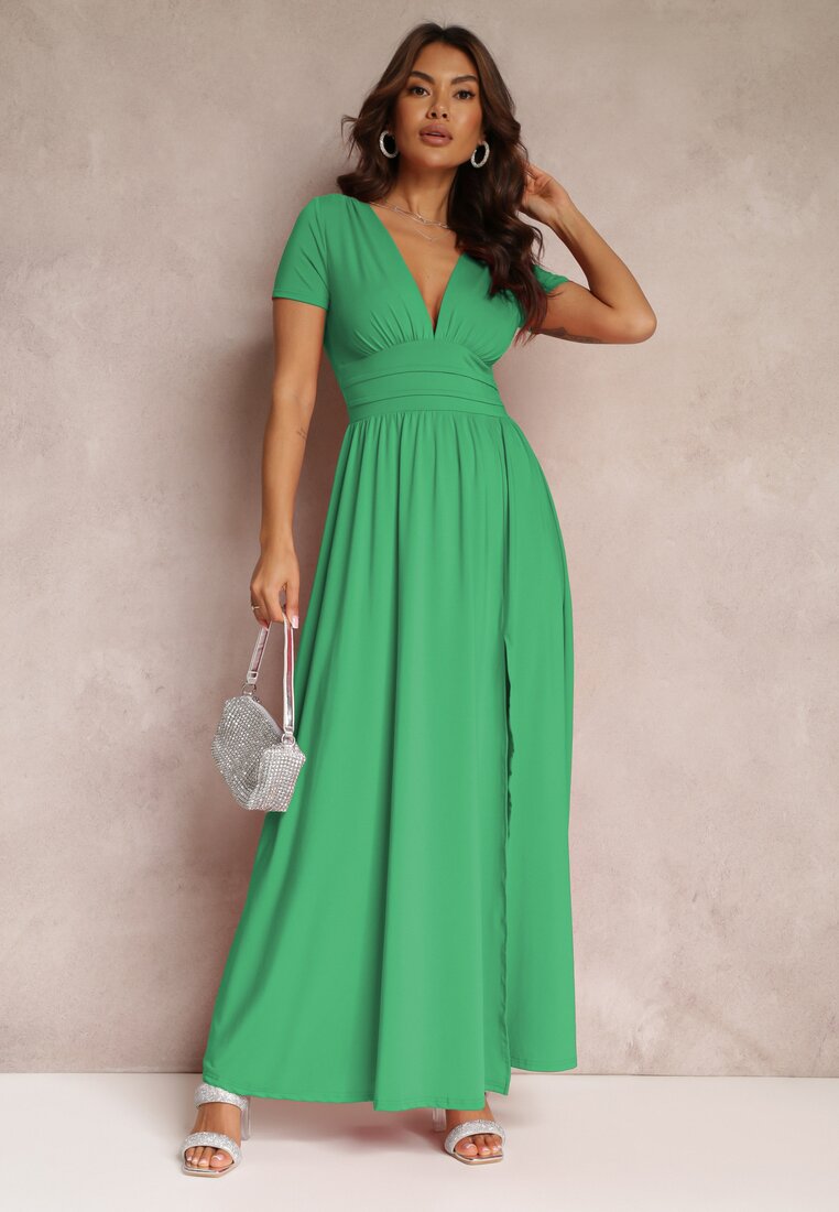 Zielona Sukienka Maxi z Rozkloszowanym Dołem i Rozcięciem Zarya