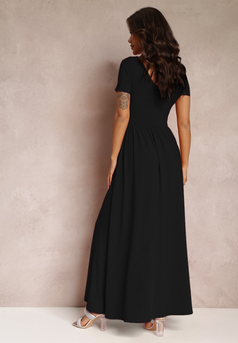 Czarna Sukienka Maxi z Rozkloszowanym Dołem i Rozcięciem Zarya