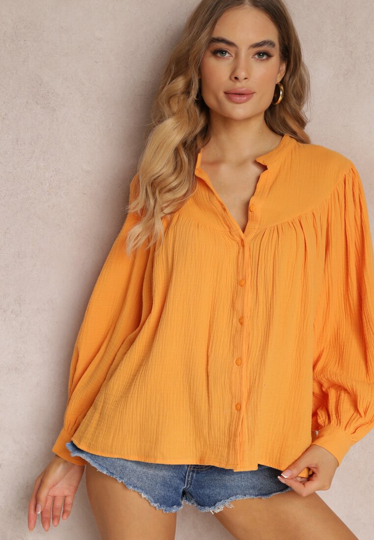 Pomarańczowa Bawełniana Koszula z Guzikami i Długimi Rękawami Werica