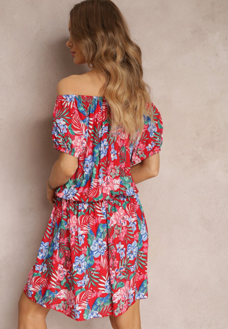 Rochie Mini din Viscoză Roșie cu Imprimeu Floral Decolteu Spaniol și Elastic în Talie Selecia