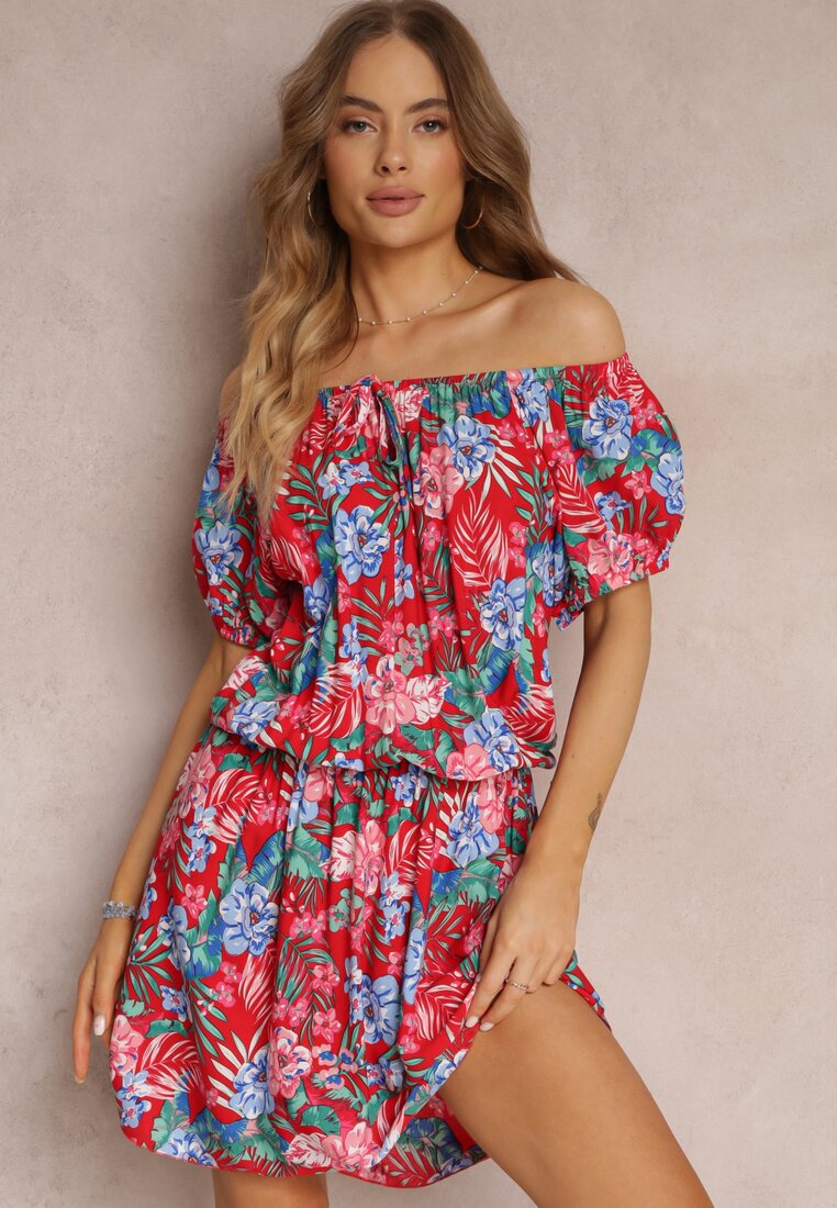 Rochie Mini din Viscoză Roșie cu Imprimeu Floral Decolteu Spaniol și Elastic în Talie Selecia