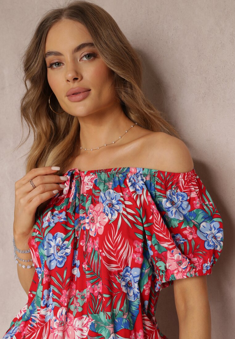 Rochie Mini din Viscoză Roșie cu Imprimeu Floral Decolteu Spaniol și Elastic în Talie Selecia