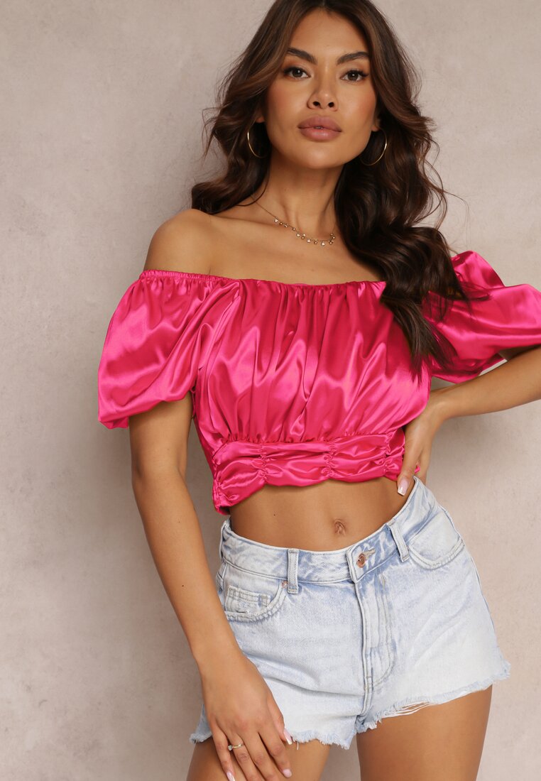 Fuksjowa Bluzka z Hiszpańskim Dekoltem i Gumkami w Pasie z Satynowej Tkaniny Cherissa