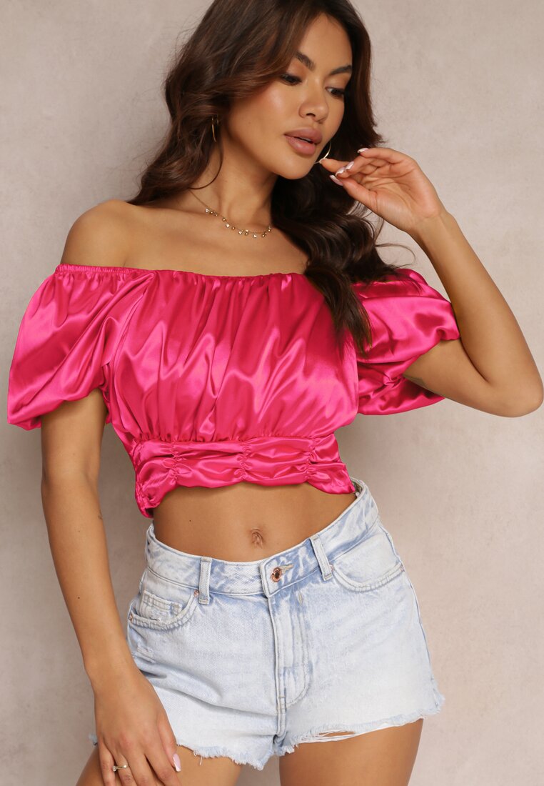 Fuksjowa Bluzka z Hiszpańskim Dekoltem i Gumkami w Pasie z Satynowej Tkaniny Cherissa