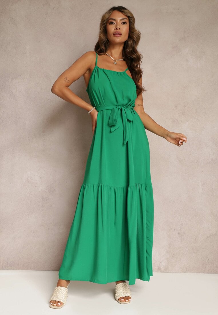 Zielona Rozkloszowana Sukienka na Ramiączkach z Wiązanym Paskiem Diadite