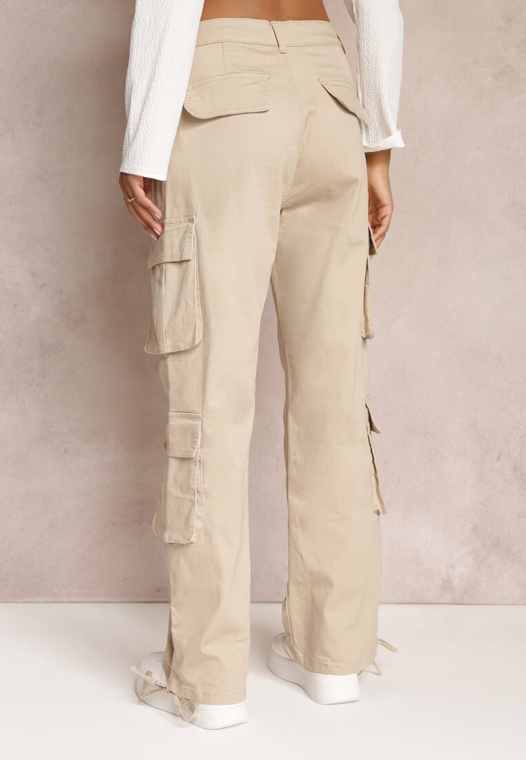 Beżowe Bawełniane Spodnie Cargo z Kieszeniami z Klapami Apomisia
