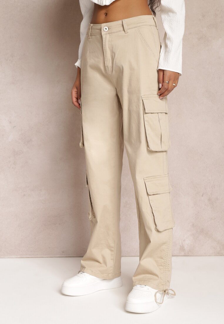 Beżowe Bawełniane Spodnie Cargo z Kieszeniami z Klapami Apomisia