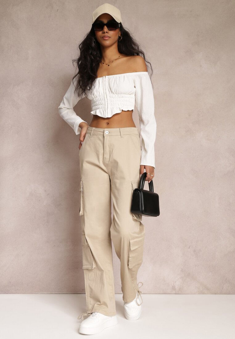 Beżowe Bawełniane Spodnie Cargo z Kieszeniami z Klapami Apomisia