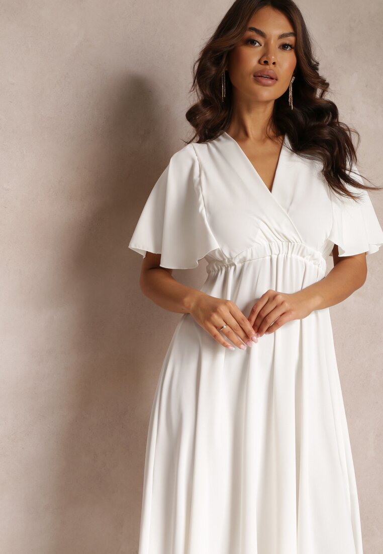 Biała Sukienka z Gumką w Talii Krótkim Rękawem i Kopertowym Dekoltem Kelila
