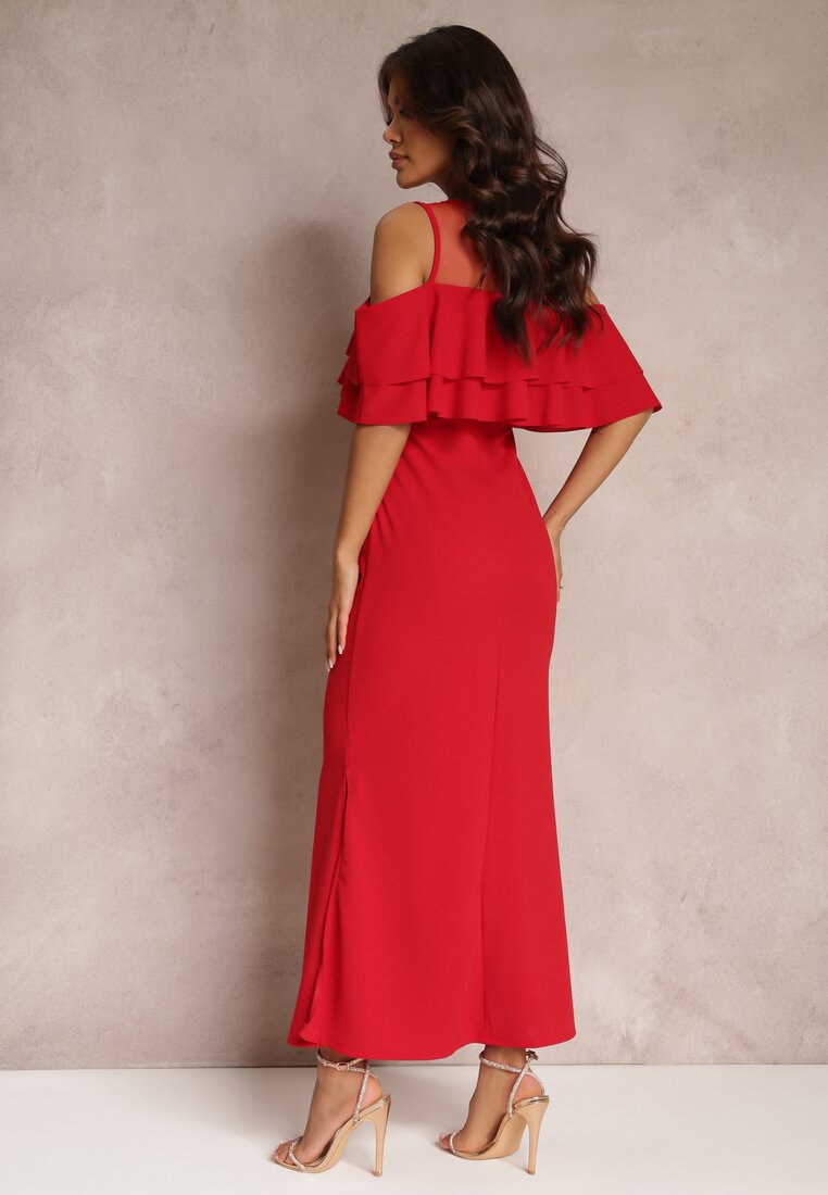 Czerwona Sukienka Taliowana z Falbanką Lariphelia