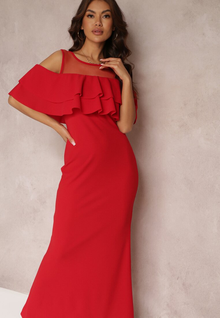 Czerwona Sukienka Taliowana z Falbanką Lariphelia