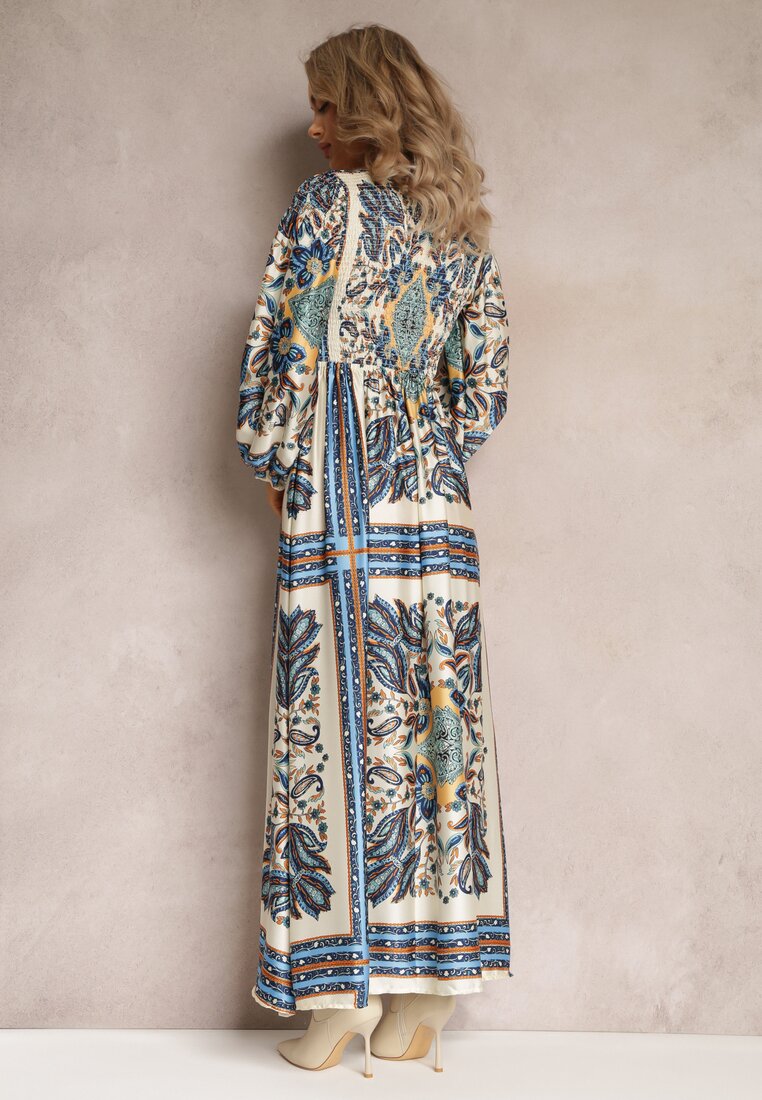 Granatowo-Beżowa Rozkloszowana Sukienka Maxi w Stylu Boho z Gumką w Pasie Elenetha